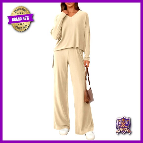 Soft Ribbed Knit Lounge Set V Neck Wide Leg Pants Pockets Comfy